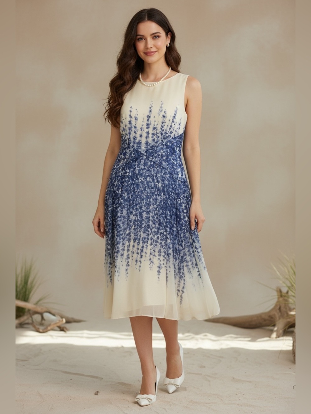 Hobbs London 100% Silk White Trailing Blue Delphinium Floral Midi Dress US 4 - Picture 2 of 13